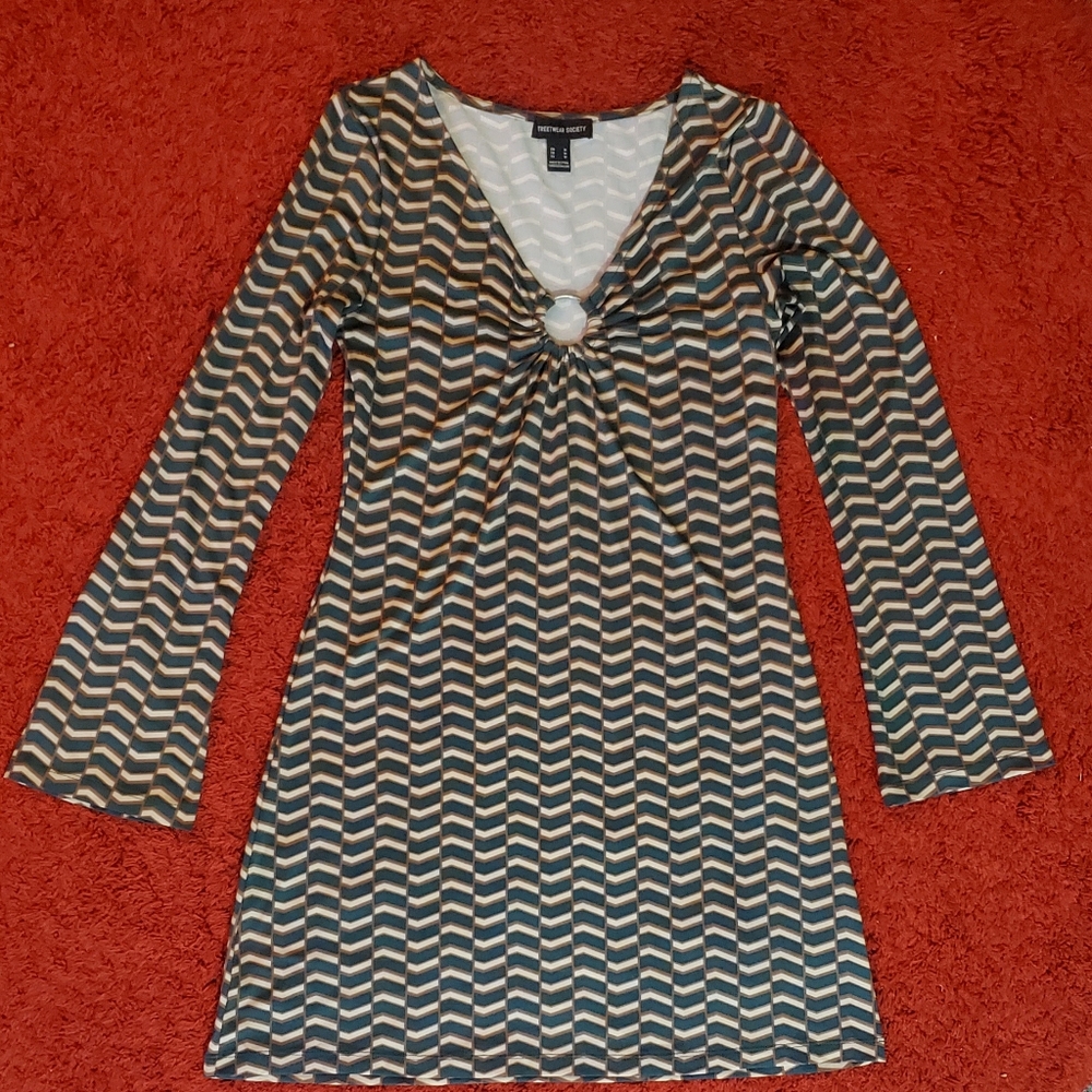 Topshop Geometric Long Sleeve Dress - Green, White, Brown